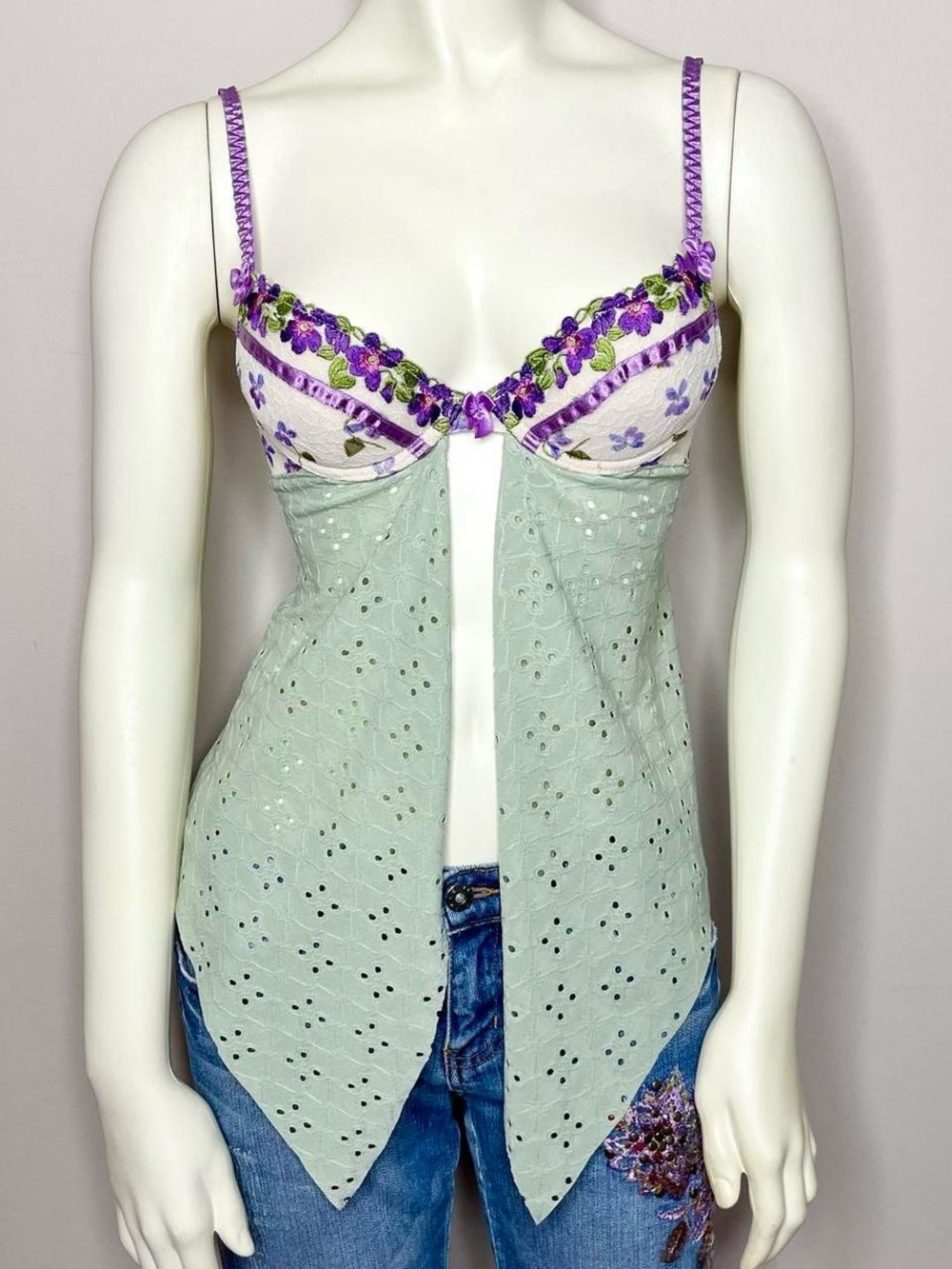 Vintage Lavender & Mint Embroidered Eyelet Tank Top